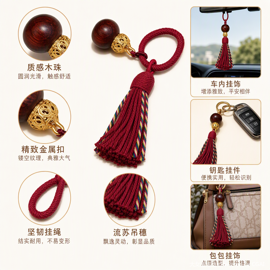 Redwood beads with golden carvings on the base, red tassel pendants, and colorful stripes hanging down are fashionable decorative items