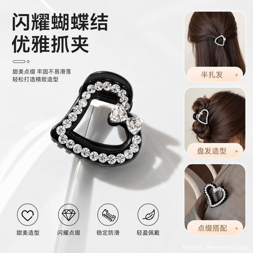 Black heart-shaped diamond-encrusted hair clips with white labels printed with the word "PRINCESS" are fashionable and elegant hair accessories and hair ties