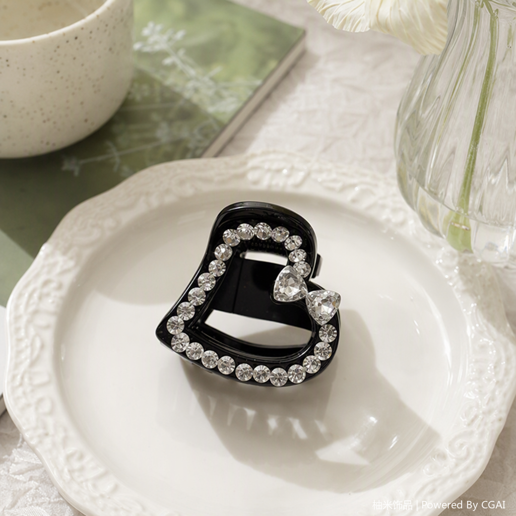 Black heart-shaped diamond-encrusted hair clips with white labels printed with the word "PRINCESS" are fashionable and elegant hair accessories and hair ties details Picture
