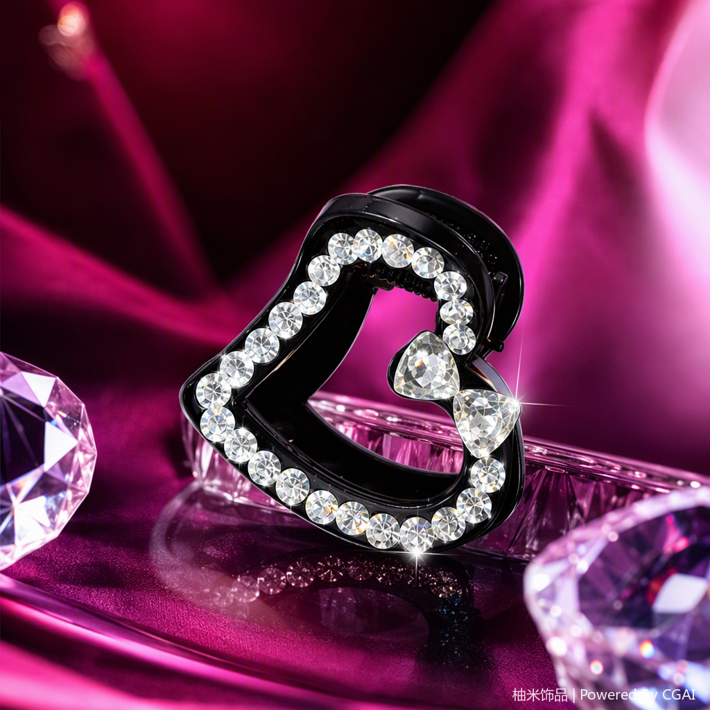 Black heart-shaped diamond-encrusted hair clips with white labels printed with the word "PRINCESS" are fashionable and elegant hair accessories and hair ties Specification image