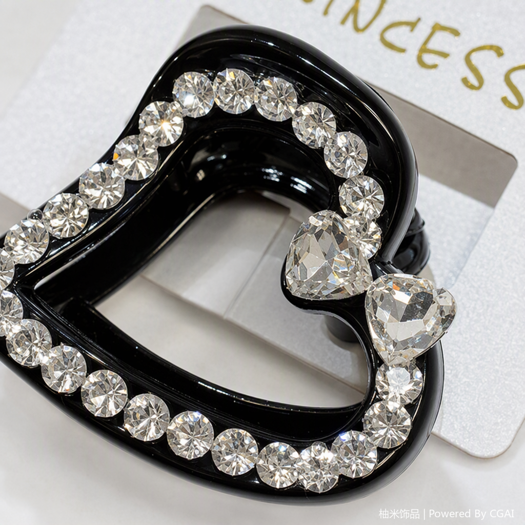 Black heart-shaped diamond-encrusted hair clips with white labels printed with the word "PRINCESS" are fashionable and elegant hair accessories and hair ties Application Scenario