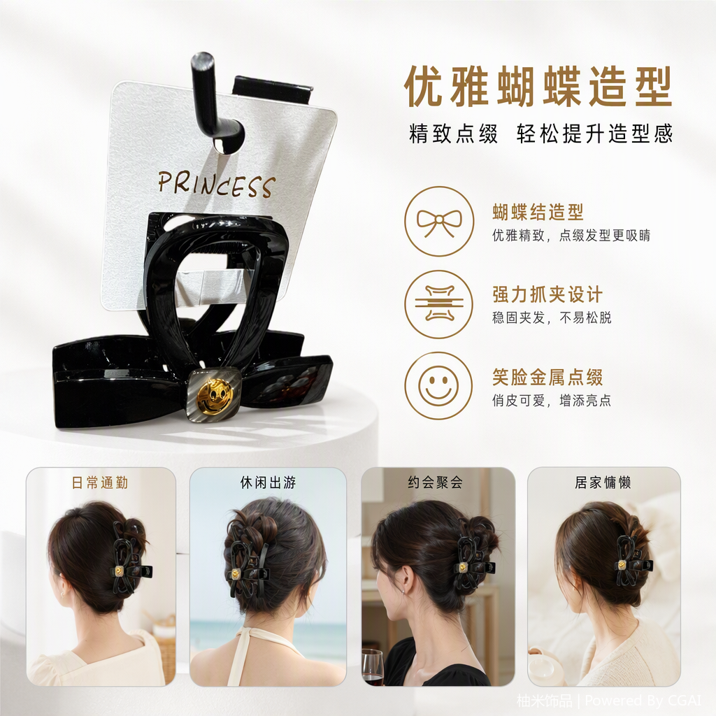 Fashionable black hair clips, golden smiling face decoration, simple and versatile hair accessories, hair clips, hair accessories, student hair clips