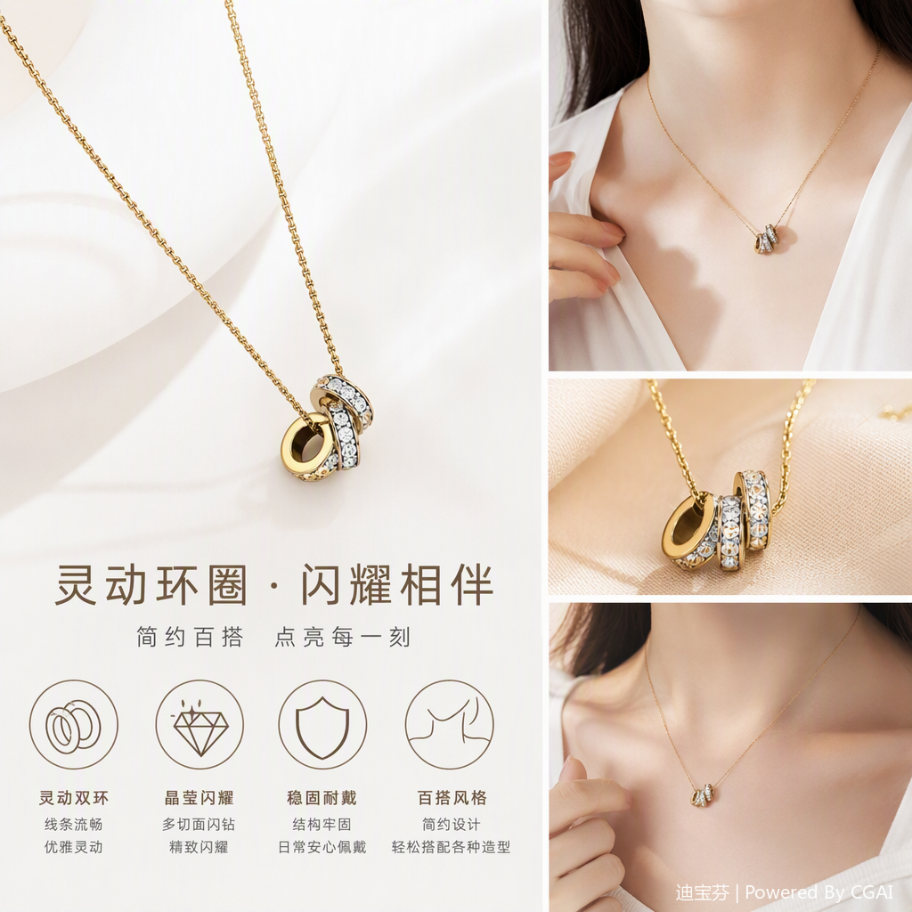 A simple and fashionable accessory with a golden necklace, three-ring pendant and crystal stones, and a beige display stand