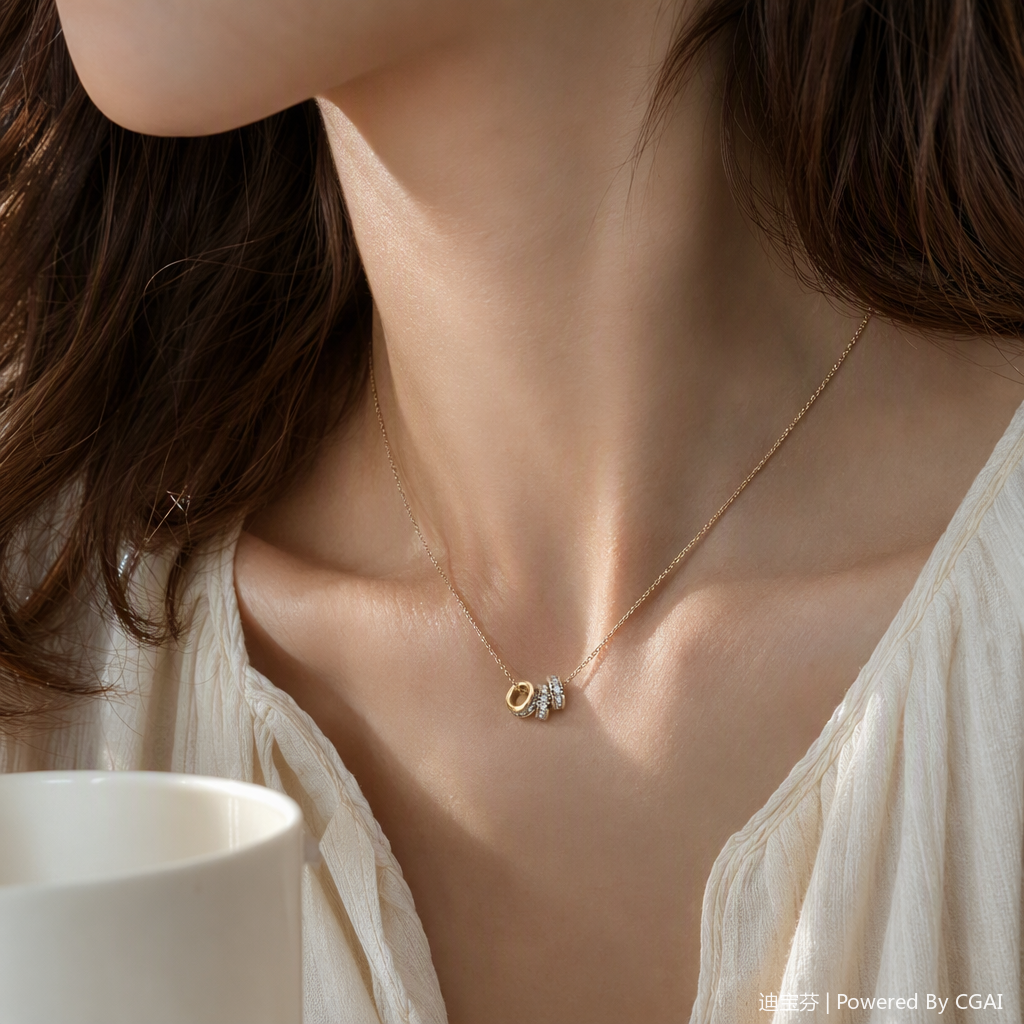 A simple and fashionable accessory with a golden necklace, three-ring pendant and crystal stones, and a beige display stand details Picture