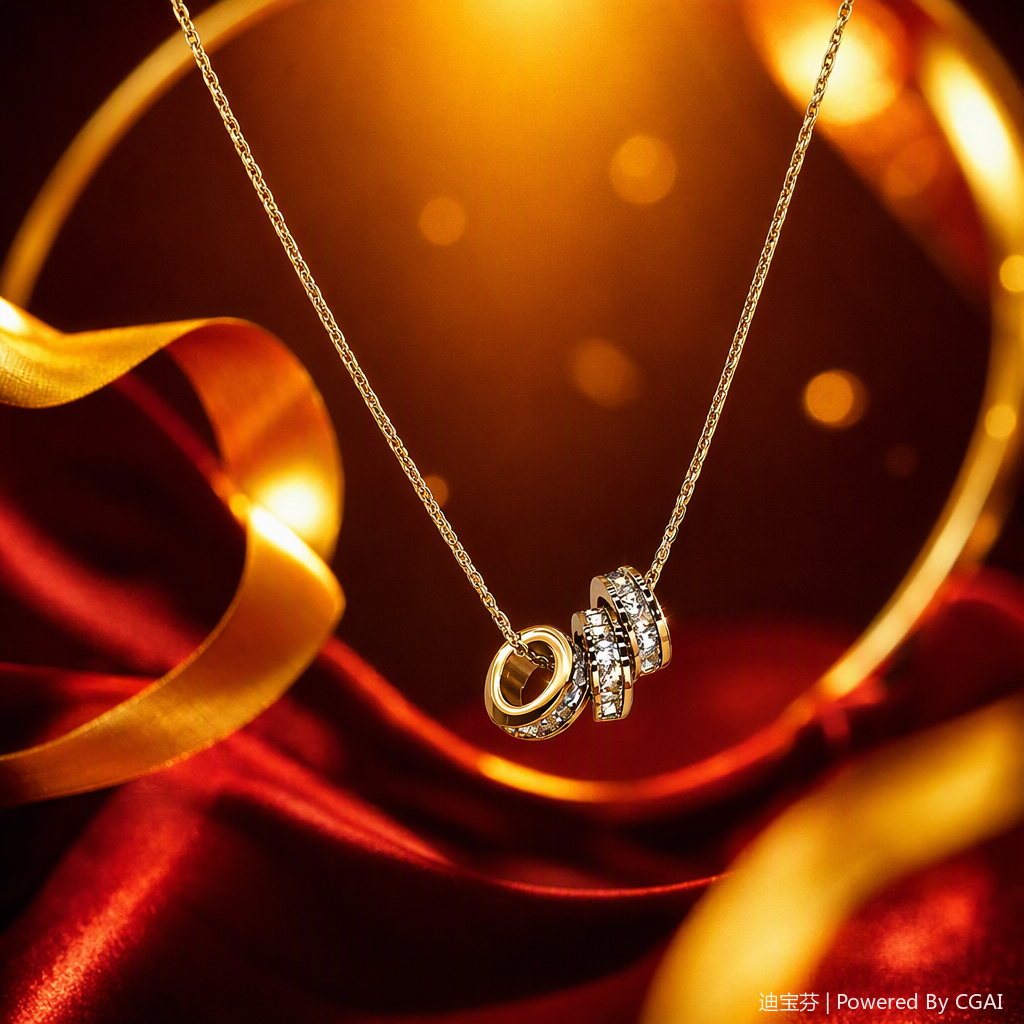 A simple and fashionable accessory with a golden necklace, three-ring pendant and crystal stones, and a beige display stand Specification image