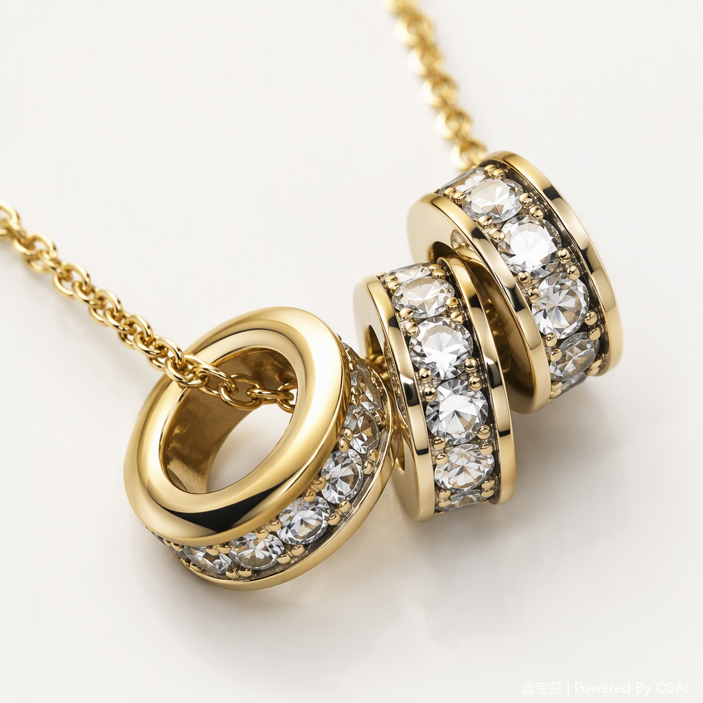 A simple and fashionable accessory with a golden necklace, three-ring pendant and crystal stones, and a beige display stand Application Scenario