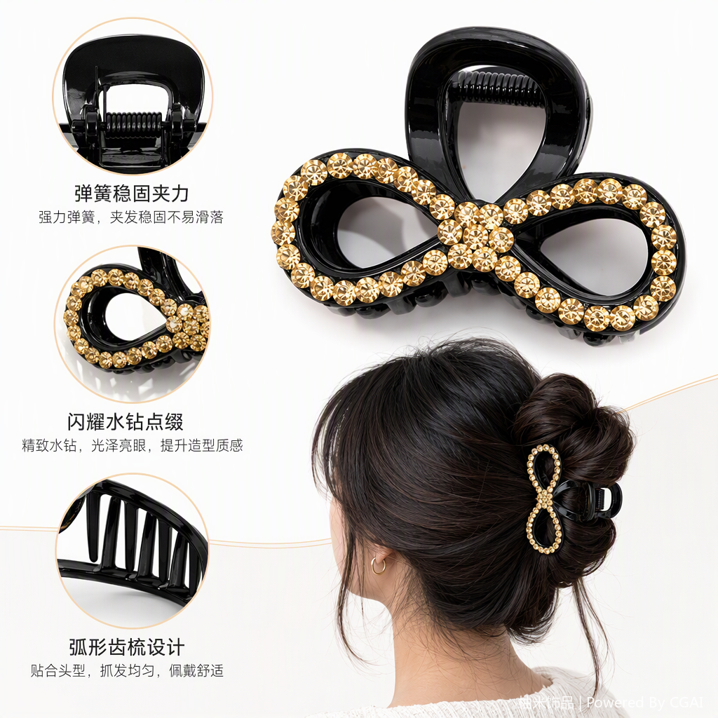 Fashionable black hair clip with gold and diamond bow, elegant hair accessory, hairstyle decoration, hair accessory for women
