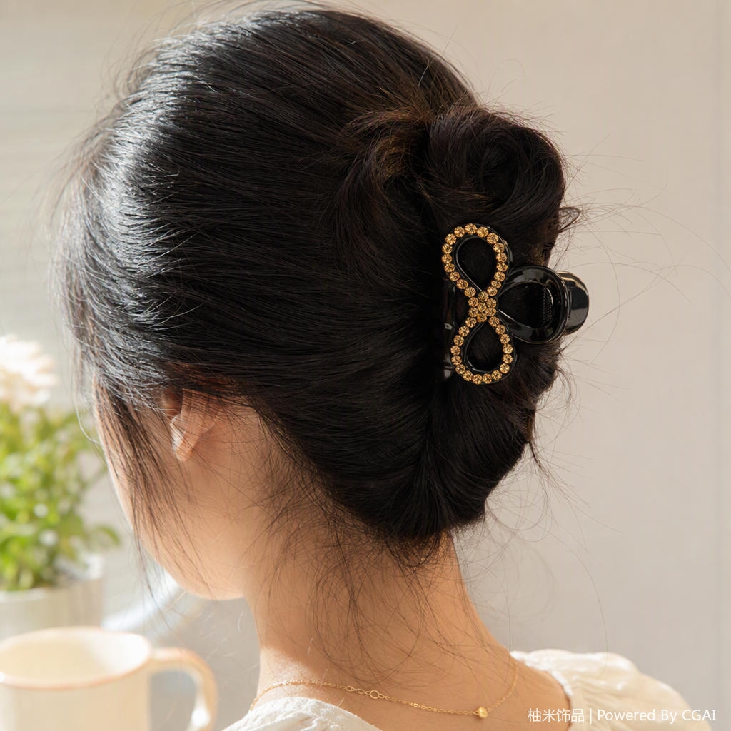 Fashionable black hair clip with gold and diamond bow, elegant hair accessory, hairstyle decoration, hair accessory for women details Picture