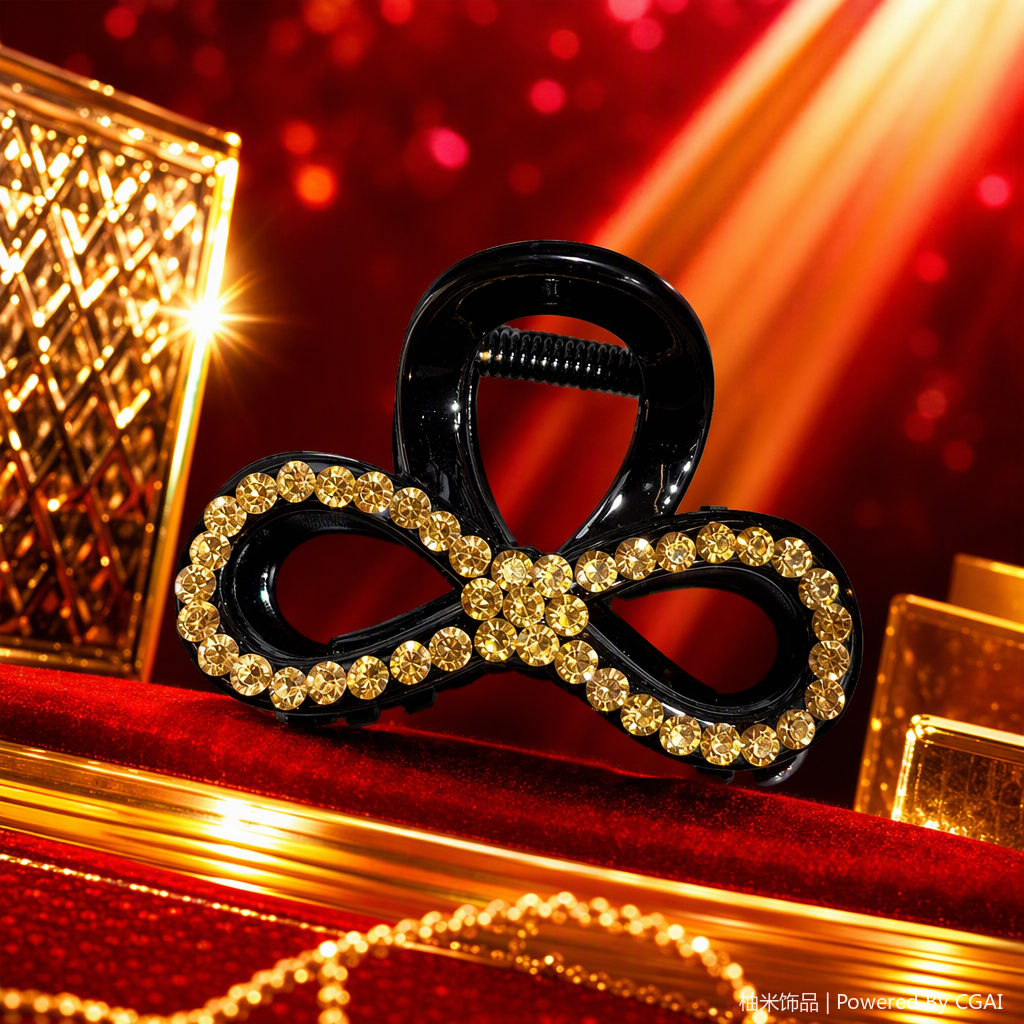 Fashionable black hair clip with gold and diamond bow, elegant hair accessory, hairstyle decoration, hair accessory for women Specification image