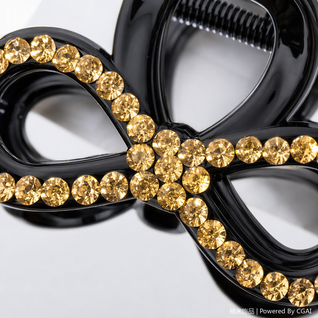 Fashionable black hair clip with gold and diamond bow, elegant hair accessory, hairstyle decoration, hair accessory for women Application Scenario