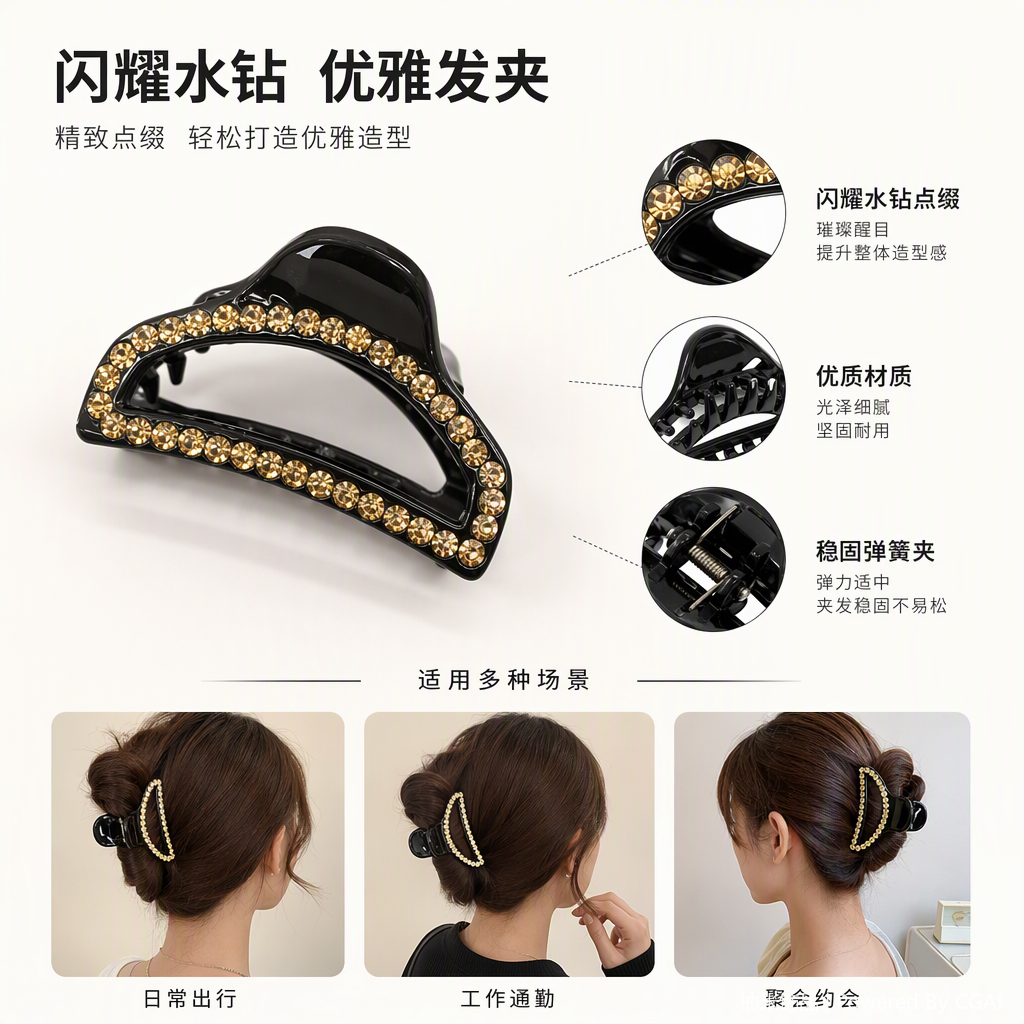 Fashionable and luxurious black gold and diamond hair clip, simple and versatile hair accessory, hair accessory, hair clip, hair accessory, women's style