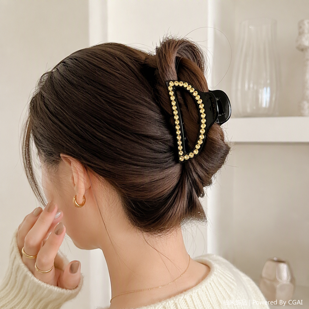 Fashionable and luxurious black gold and diamond hair clip, simple and versatile hair accessory, hair accessory, hair clip, hair accessory, women's style details Picture