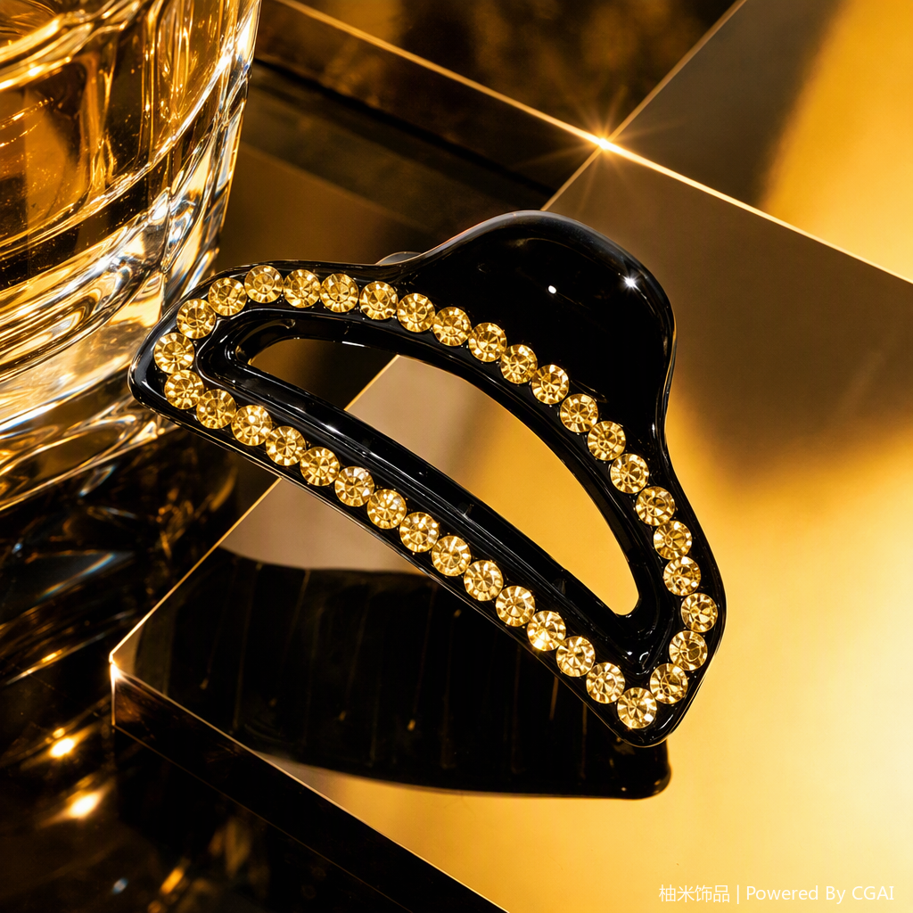 Fashionable and luxurious black gold and diamond hair clip, simple and versatile hair accessory, hair accessory, hair clip, hair accessory, women's style Specification image