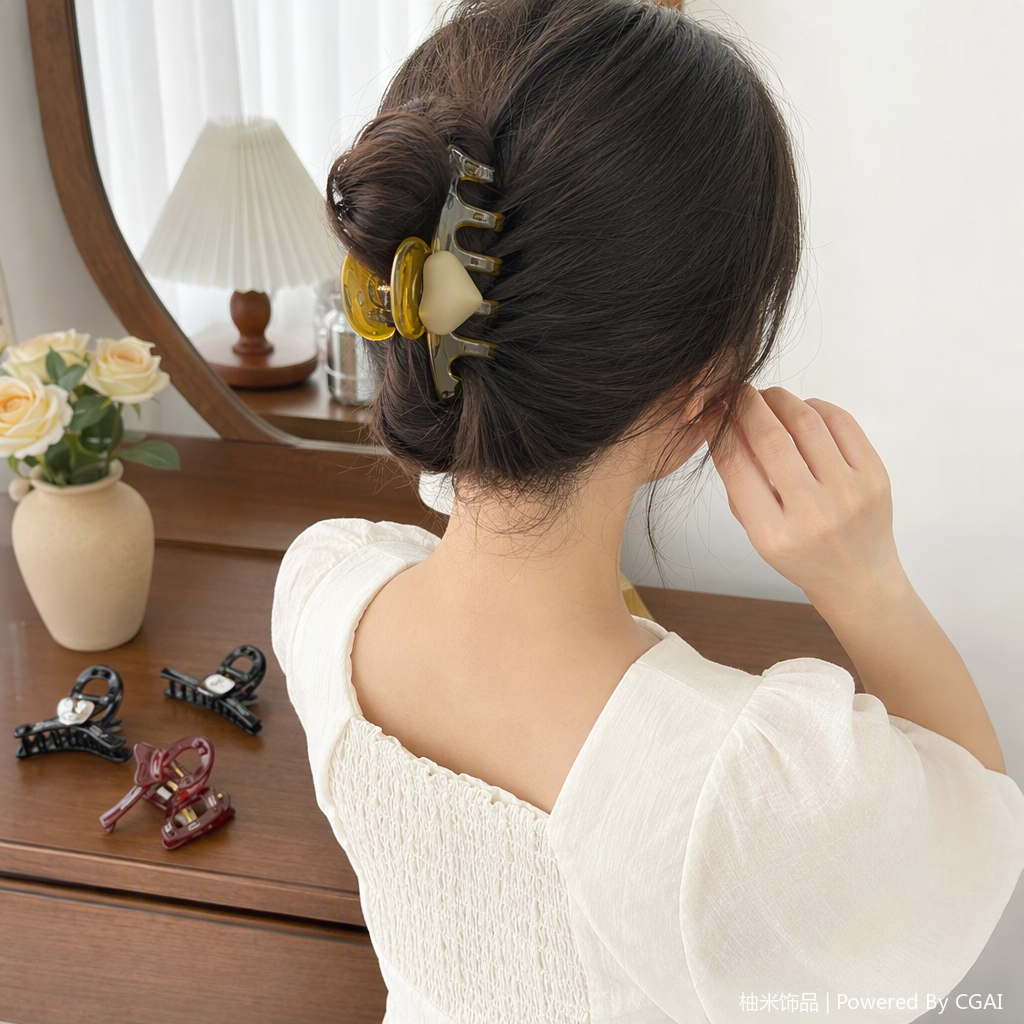 PRINCESS brand dark grey wood grain desktop, multiple heart-shaped bow gold decorative hair clips and hair accessories set details Picture