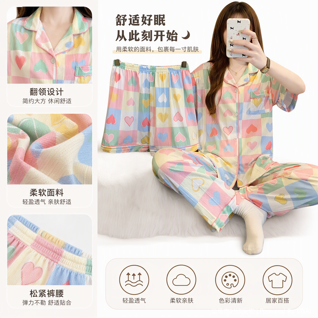 彩色爱心格子休闲睡衣套装柔软舒适家居服情侣款春夏款