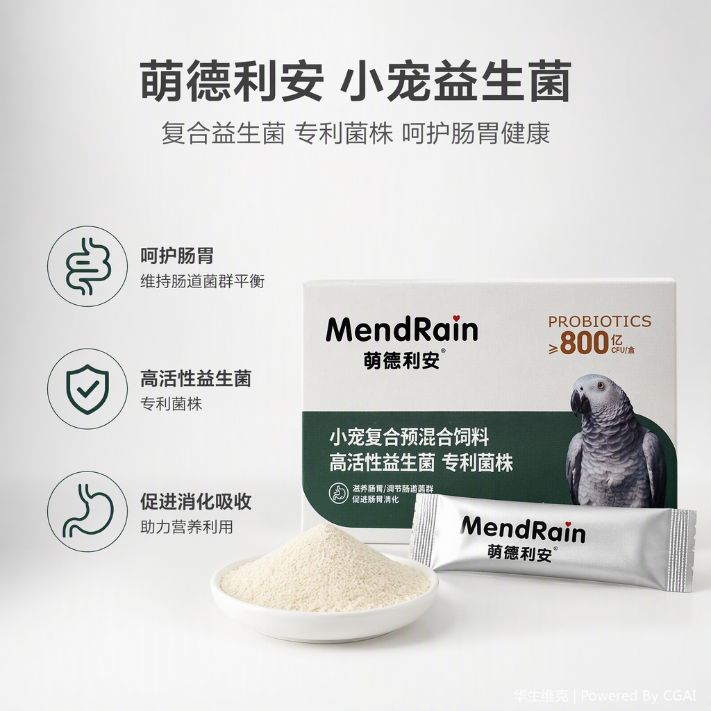 The Huasheng Vik Mengdelian Bird compound premix feed features a patented strain of highly active probiotics that promotes digestion, nourishes the stomach and intestines, and regulates the intestinal tract