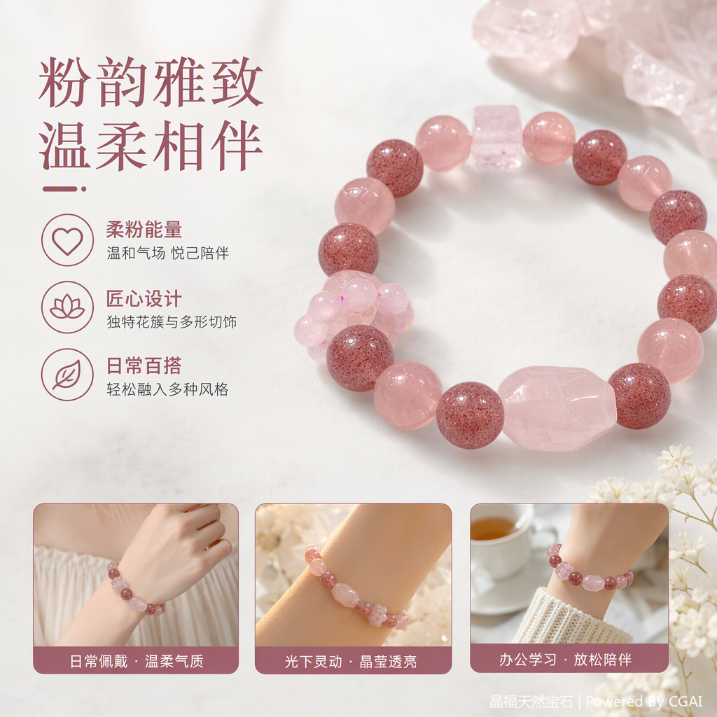 粉色水晶手链时尚女款手串甜美可爱手饰情侣礼物送女生整款手链