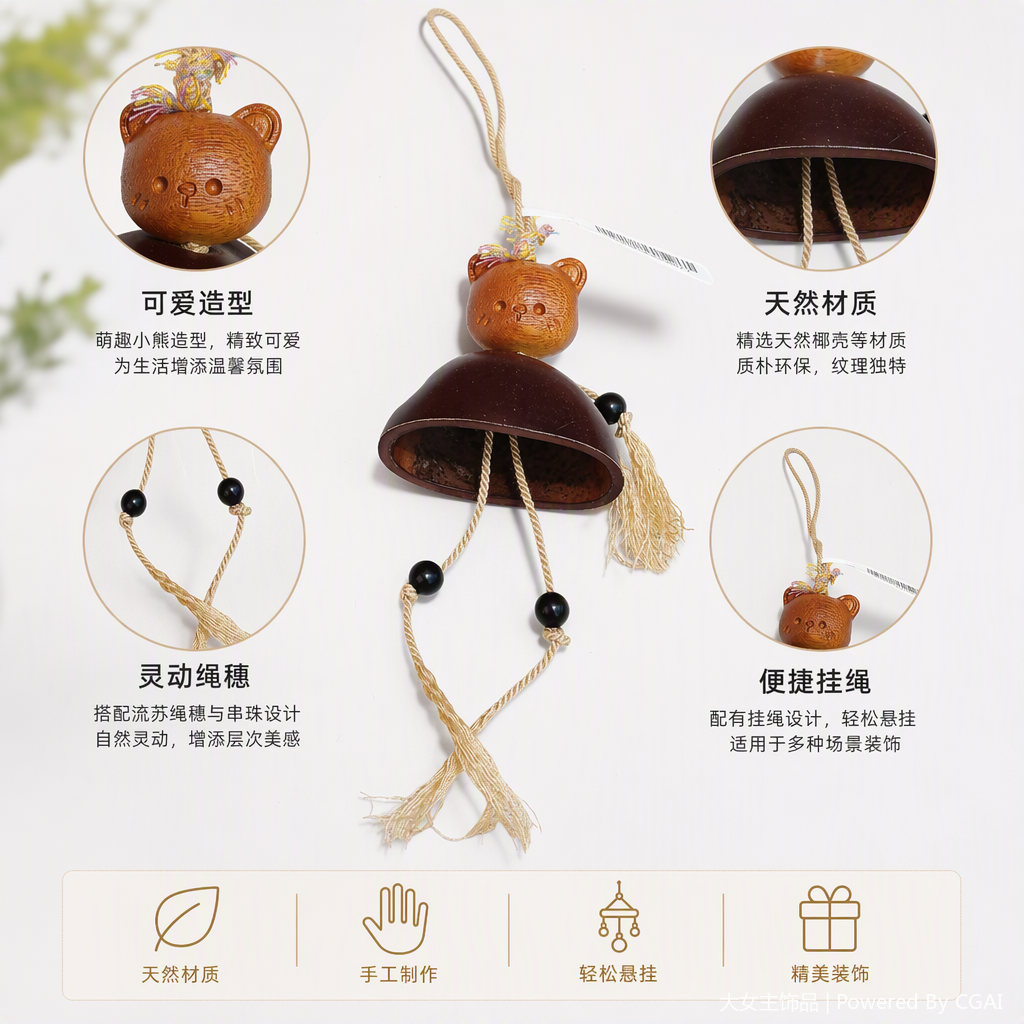 A simple and cute decorative item with a wooden bear pendant, a brown head sculpture, a dark brown bell, beige knots and black beaded tassels