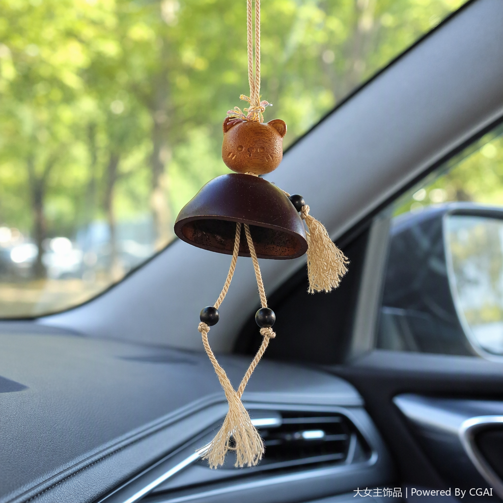A simple and cute decorative item with a wooden bear pendant, a brown head sculpture, a dark brown bell, beige knots and black beaded tassels details Picture