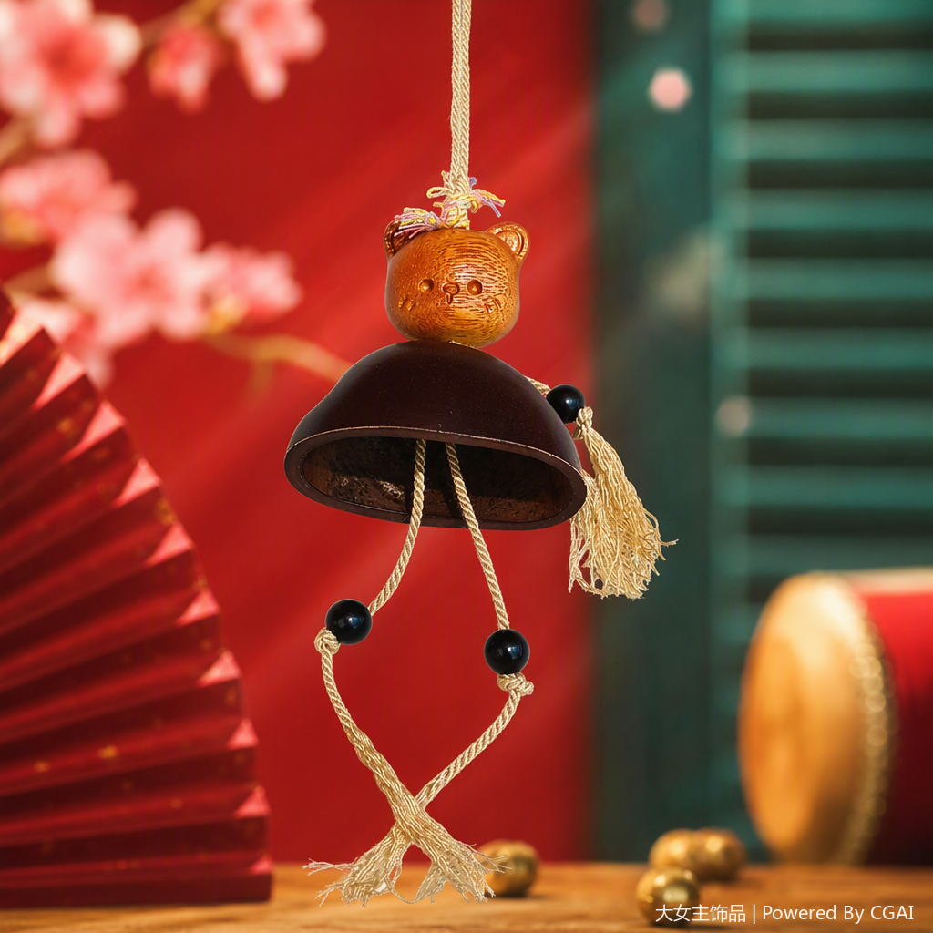 A simple and cute decorative item with a wooden bear pendant, a brown head sculpture, a dark brown bell, beige knots and black beaded tassels Specification image