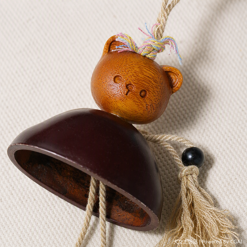 A simple and cute decorative item with a wooden bear pendant, a brown head sculpture, a dark brown bell, beige knots and black beaded tassels Application Scenario
