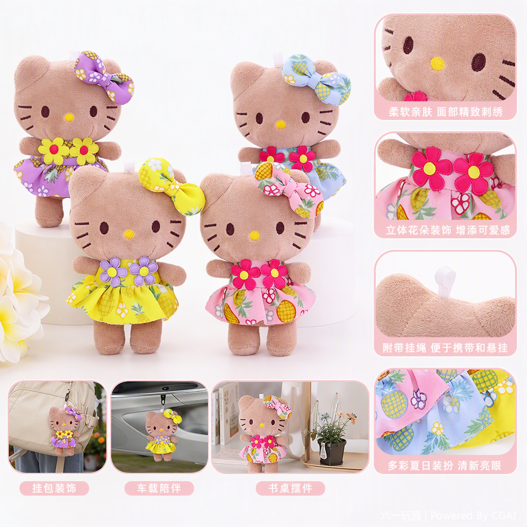 Black leather KT cat plush pendants, schoolbags, keychains, hanging decorations, cute anime merchandise, wholesale available for export, dolls, colorful dresses, Hello Kitty dolls, cute figurines, children's toys, gifts, collectibles Specification image