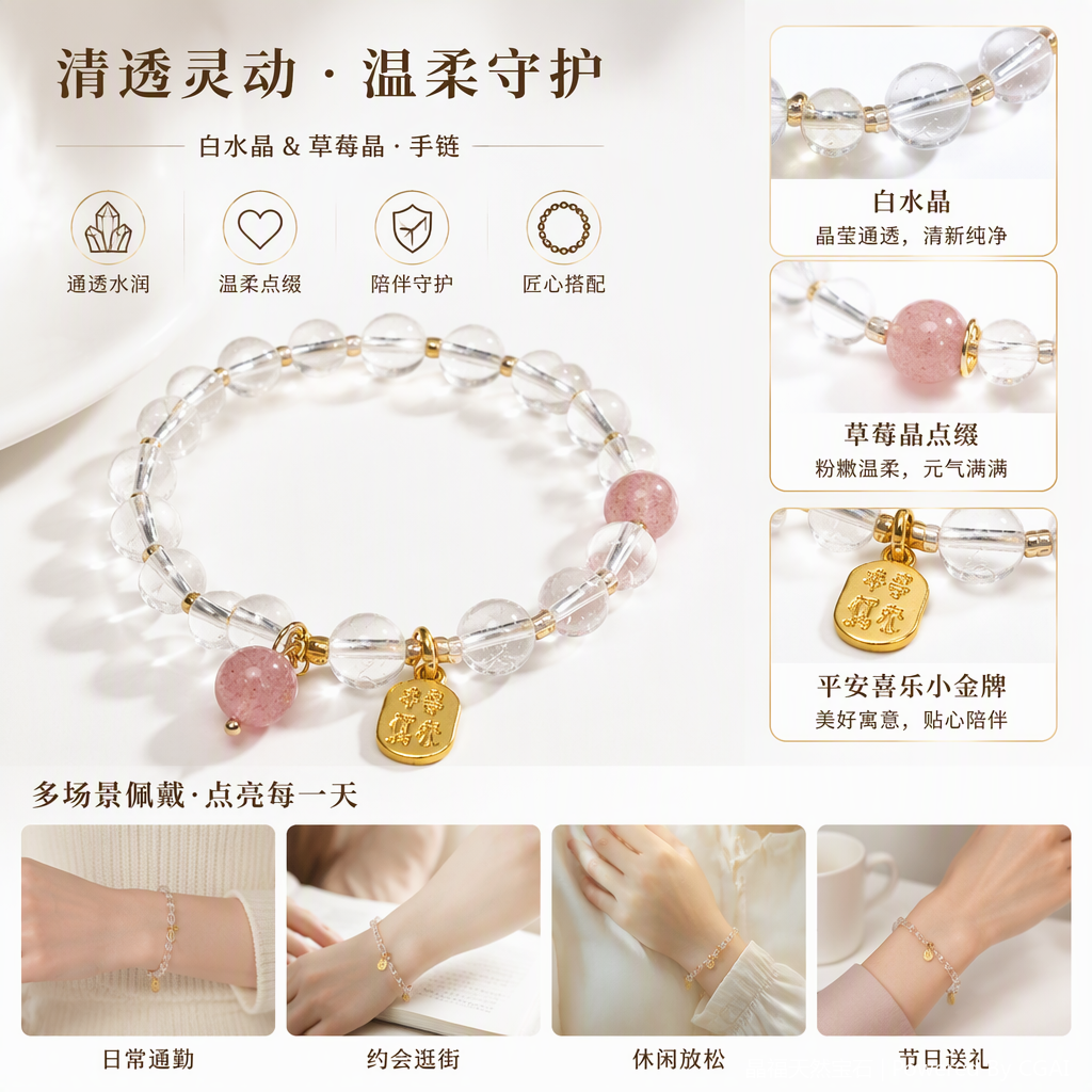透明水晶手链点缀粉色珠子金色吊坠时尚简约女款手饰手链礼物