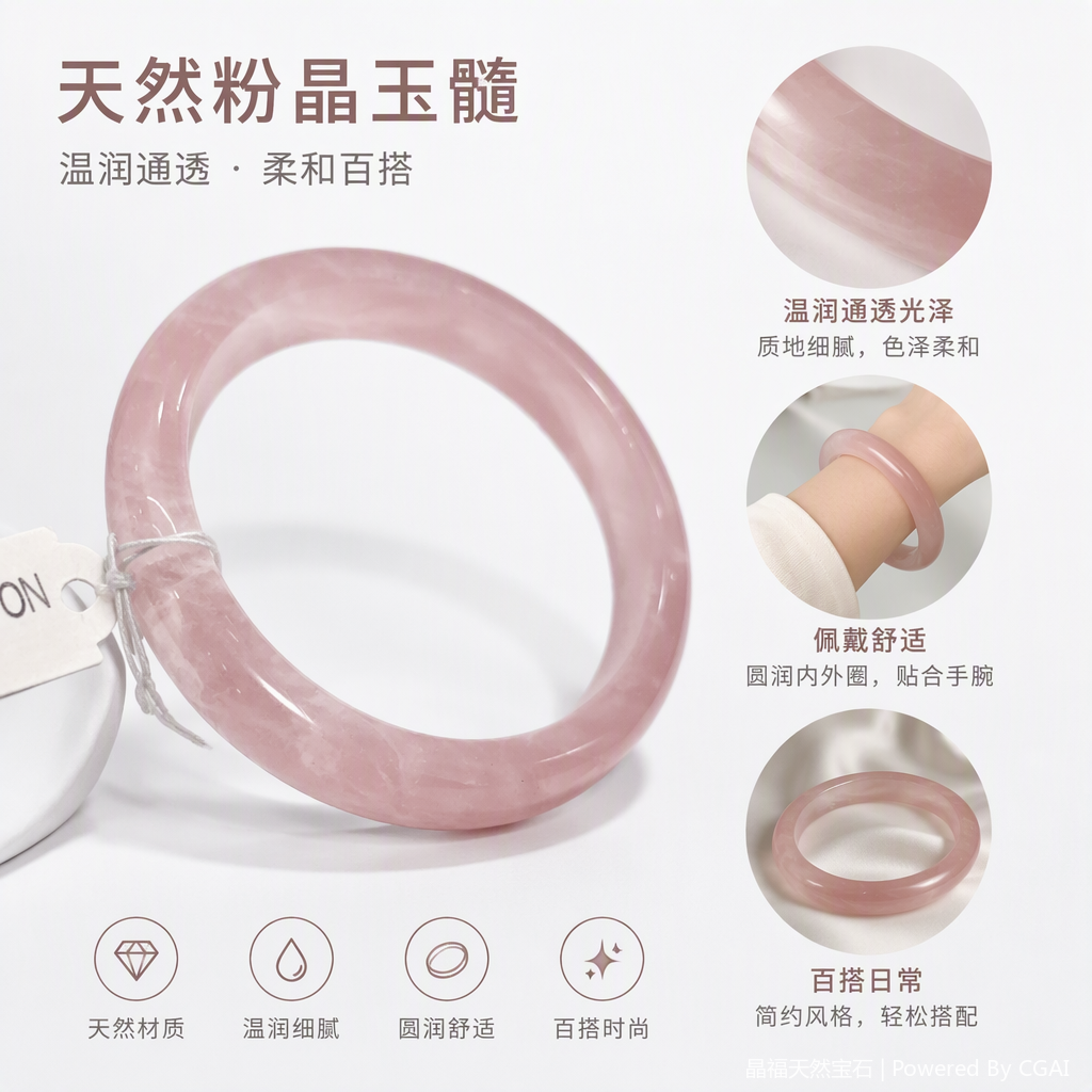 时尚粉色玉镯手链女韩版简约气质百搭送礼天然玉石饰品