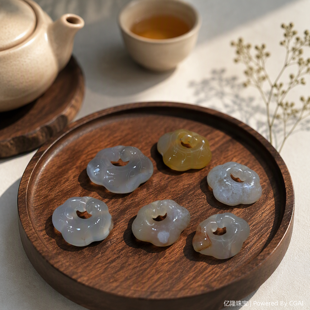 Six sets of cloud-shaped agate sculptures with bamboo trays, elegant craftsmanship, home decoration, gift collection details Picture