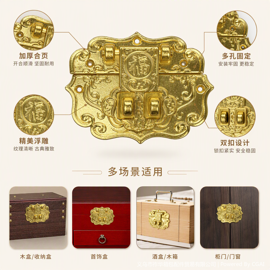 复古金色雕花锁扣装饰五金门窗配件耐用时尚工艺精美详情2