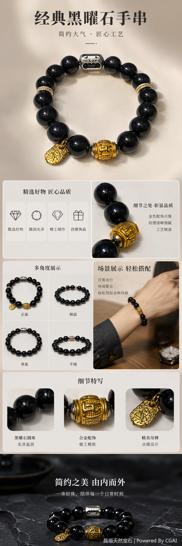 时尚黑色珠串手链金色佛头金饰点缀简约百搭手链饰品礼品赠送详情1