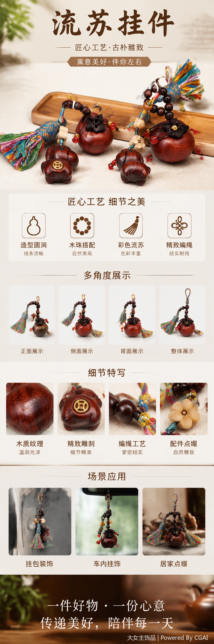 多彩流苏木雕挂饰手工艺品复古创意家居装饰挂件礼品赠送详情1