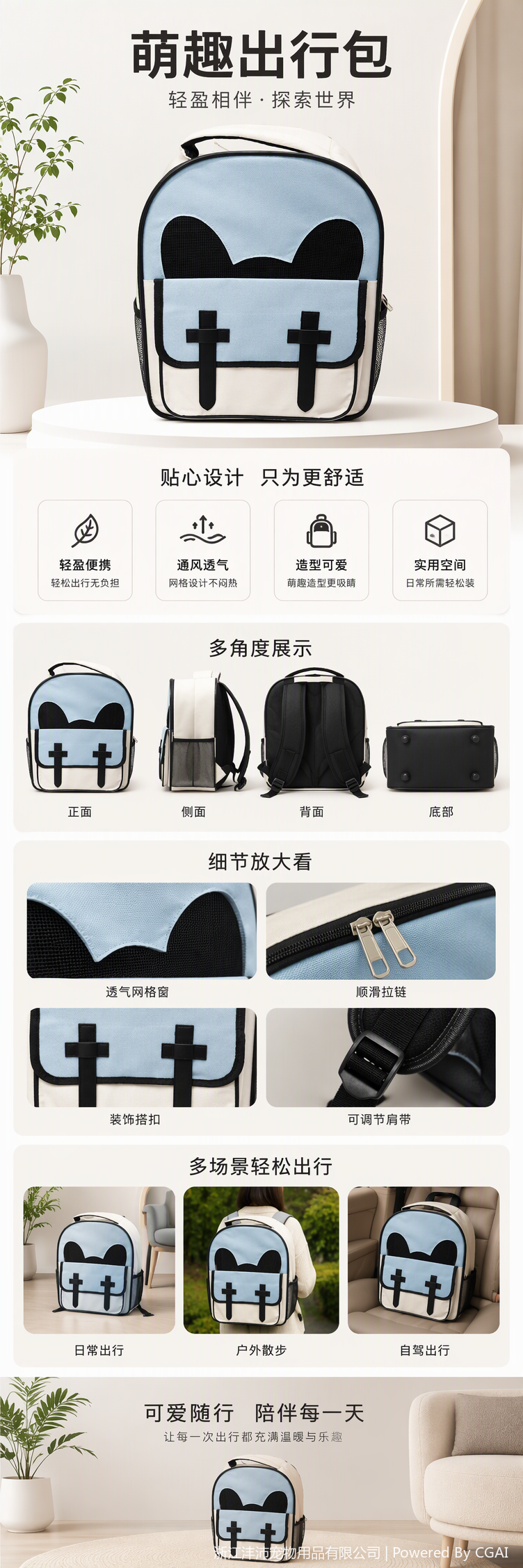 Fashionable mesh pet bag, light blue, black ears, casual and portable pet backpack, pet supplies, pet bag pic 1