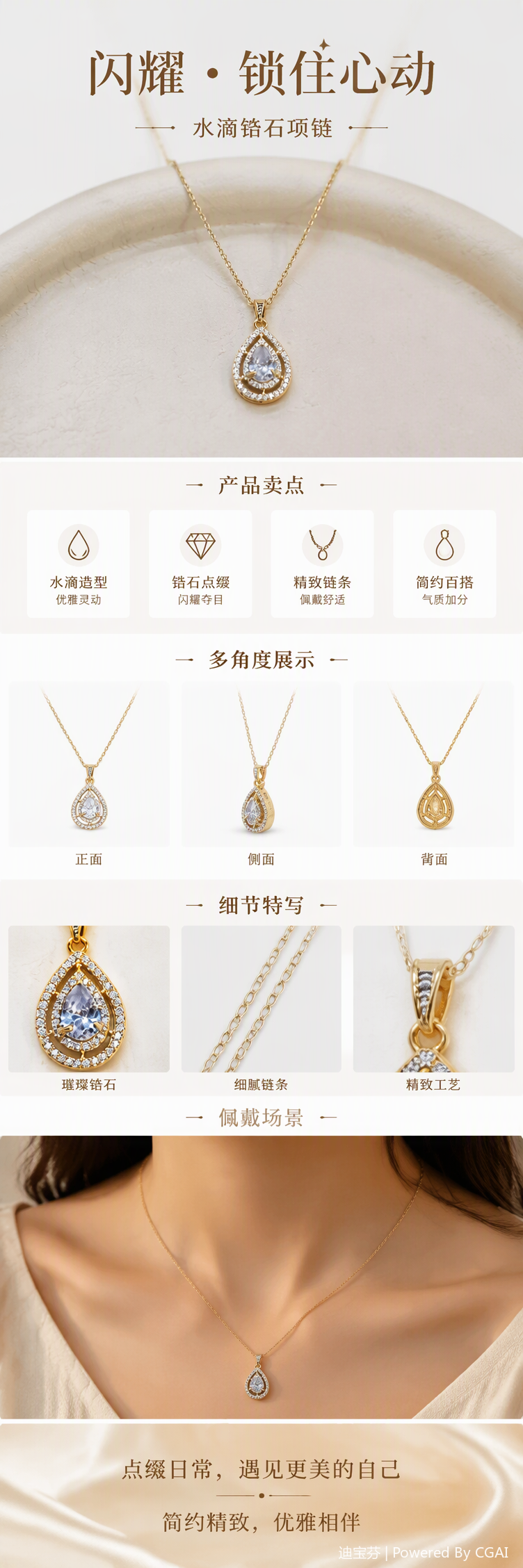 A golden necklace with a water drop pendant, set with transparent gemstones and sparkling small diamonds, is a fashionable and elegant accessory gift pic 1