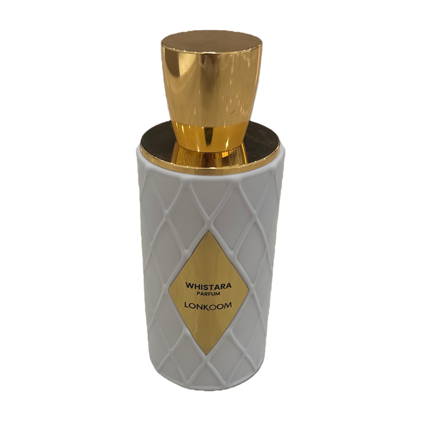A fashionable, elegant and exquisite cosmetic container with a white diamond-patterned perfume bottle and a golden cap Item Picture