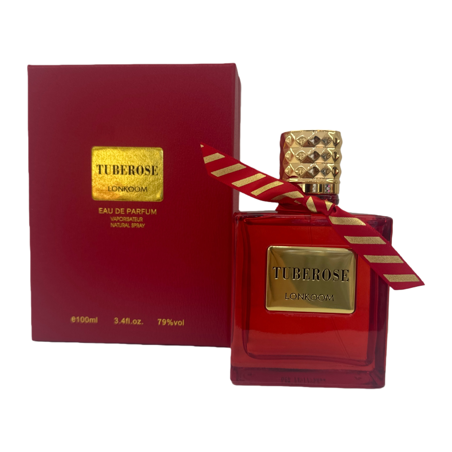Red square glass perfume bottle, golden diamond-shaped cap, red and gold striped ribbon, matching color series gift box, golden label perfume set Item Picture