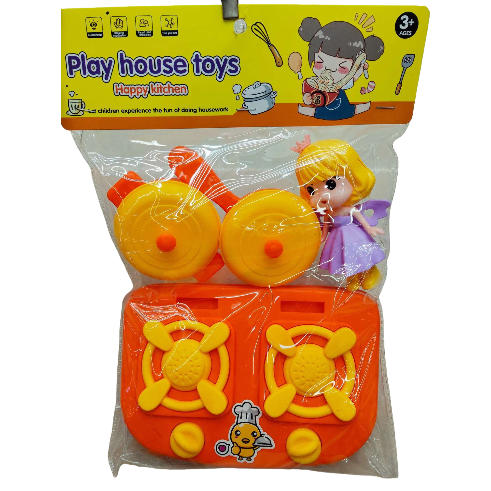 Orange toy stove with yellow burner, two types of pot LIDS, small dolls with golden hair and purple skirts, children's kitchen toy set Item Picture