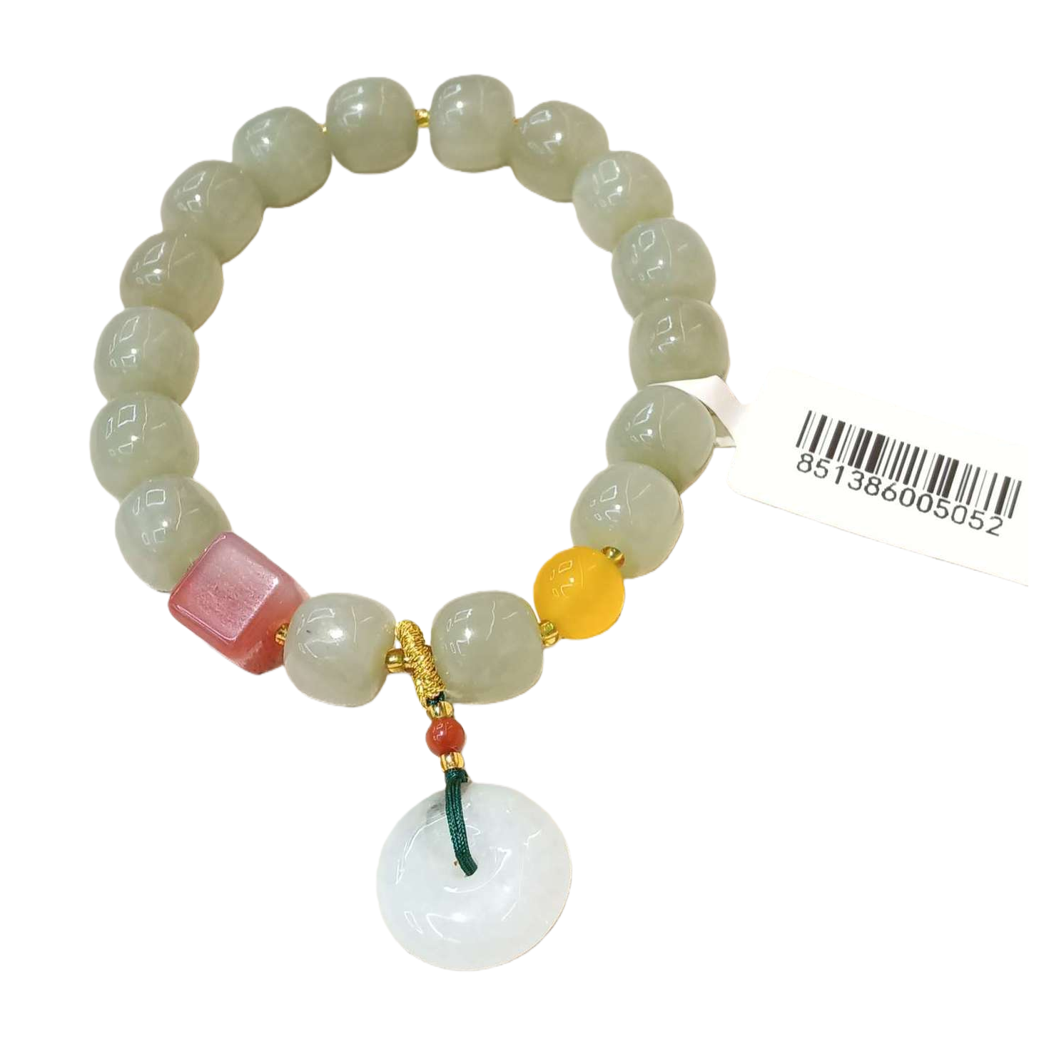 Light green jade bead bracelet with red square beads, yellow round beads and white peace pendant, fashionable bracelet for men and women, natural jade jewelry gift Item Picture