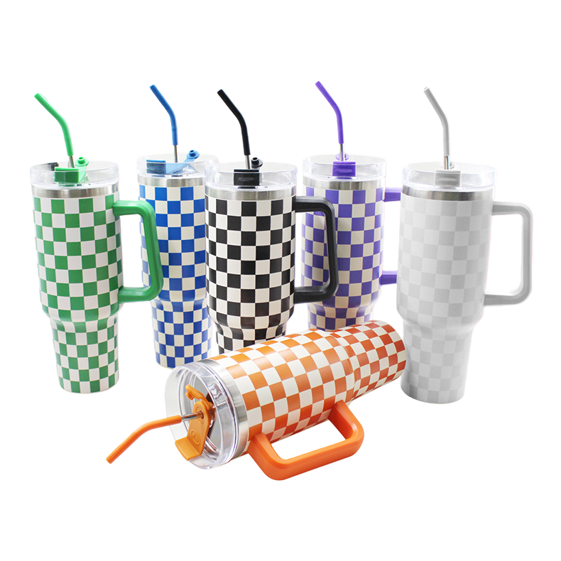 40-OZ checkerboard grid car cup, colorful grid insulated cup, creative, fashionable, portable and durable gift Item Picture