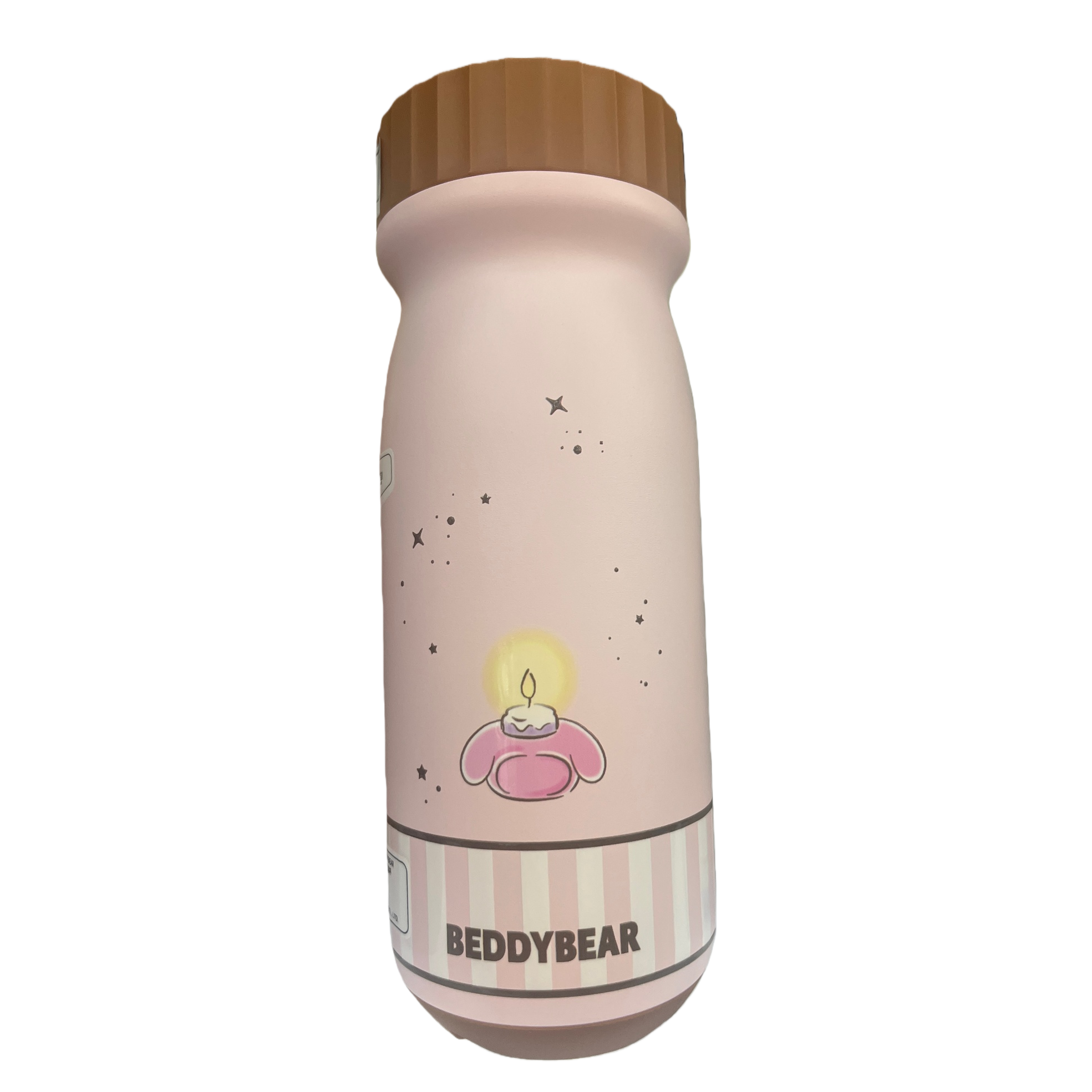 This pink water cup features candle patterns and the word "BEDDYBEAR". It has a large capacity, is fashionable and creative, and is suitable for home and office use. The lid is brown Item Picture