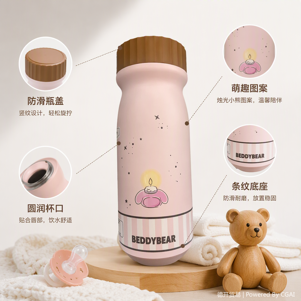 This pink water cup features candle patterns and the word "BEDDYBEAR". It has a large capacity, is fashionable and creative, and is suitable for home and office use. The lid is brown