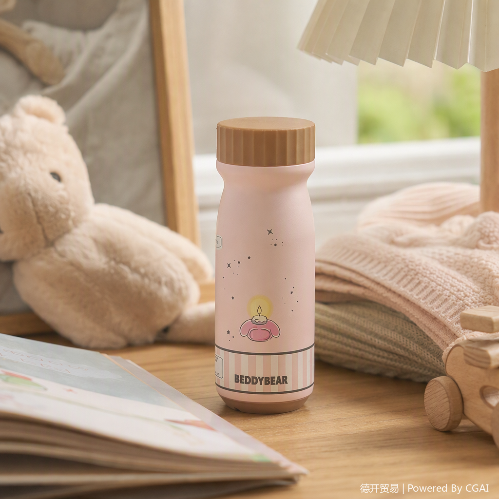 This pink water cup features candle patterns and the word "BEDDYBEAR". It has a large capacity, is fashionable and creative, and is suitable for home and office use. The lid is brown details Picture
