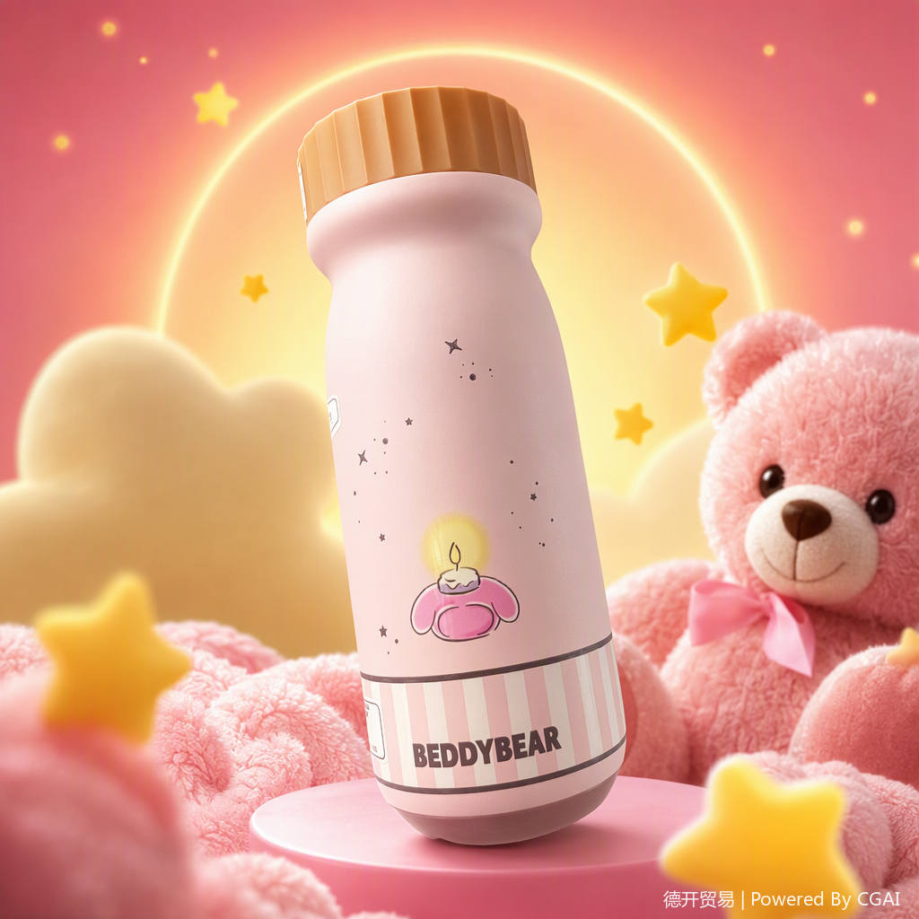 This pink water cup features candle patterns and the word "BEDDYBEAR". It has a large capacity, is fashionable and creative, and is suitable for home and office use. The lid is brown Specification image