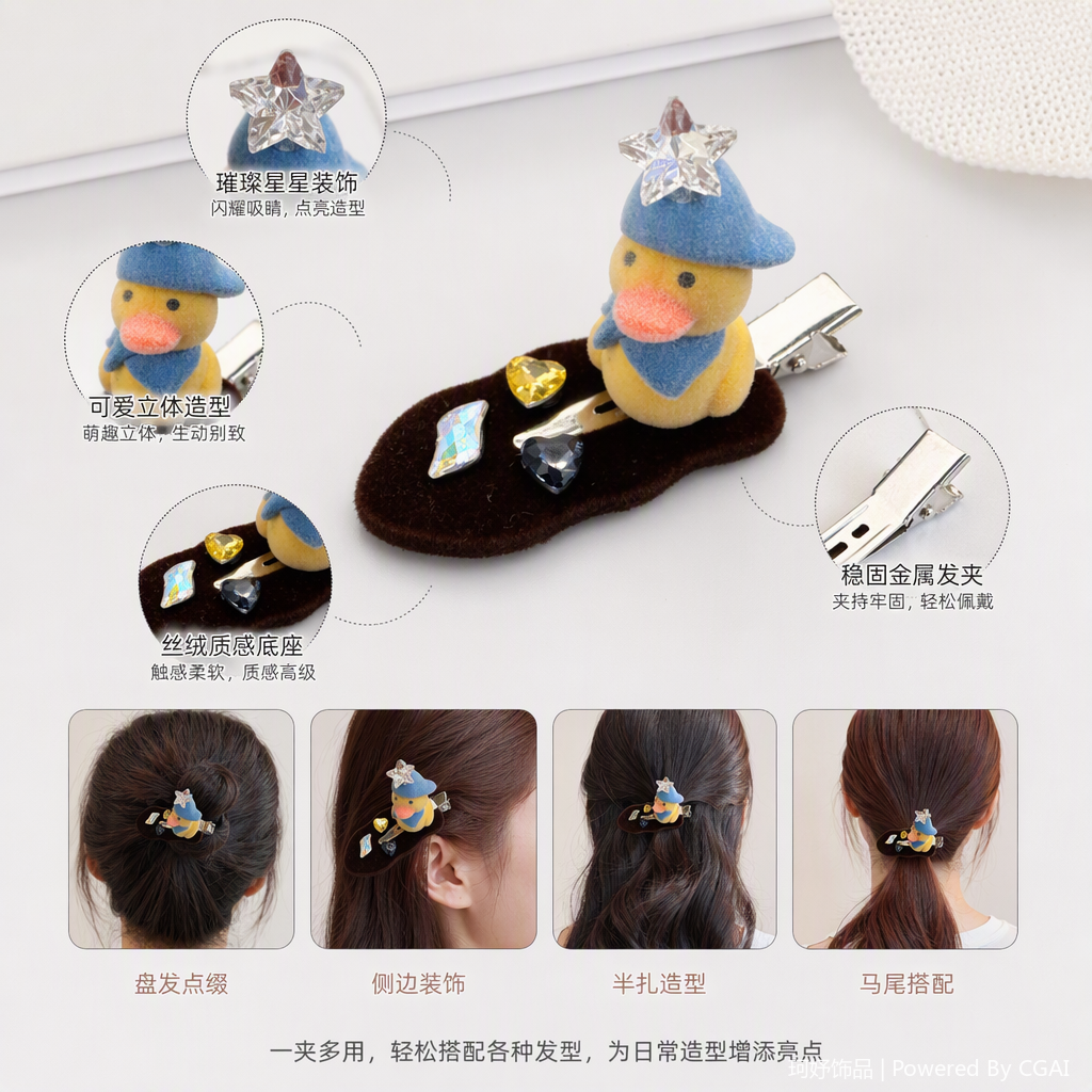 Yellow duckling hairpins, blue hat and scarf, star-shaped decorations, colored gemstones, fashionable hair accessories, children's cute hairpins placed on grey cards