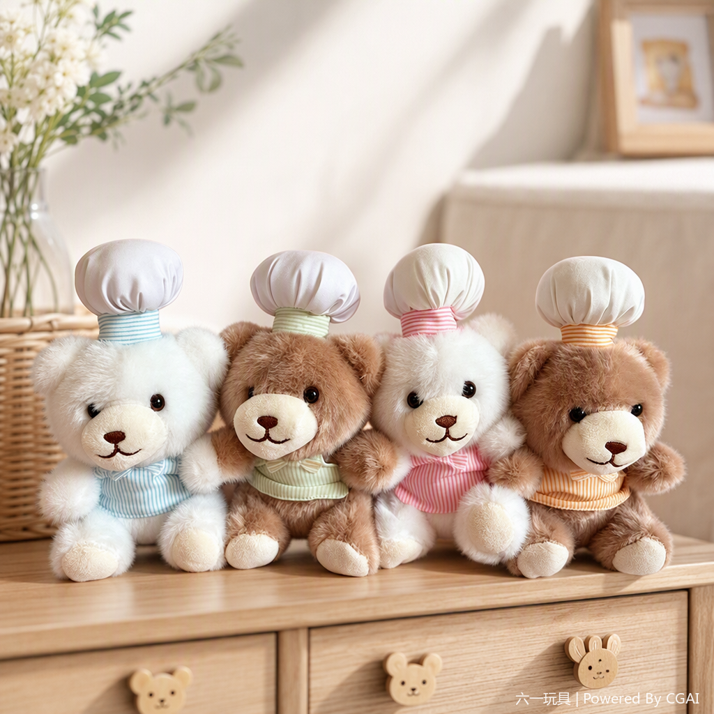Chef bear wearing hat, scarf, bear plush pendant, schoolbag, keychain, hanging decoration, cute cartoon doll, little doll, cute plush doll, four chef hats, bear doll, throw pillow, fabric doll, children's gift details Picture