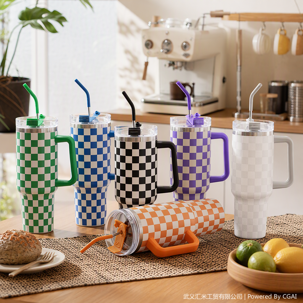 40-OZ tablero de ajedrez cuadrícula taza de coche taza de aislamiento de cuadros de color moda creativa portátil regalo duradero