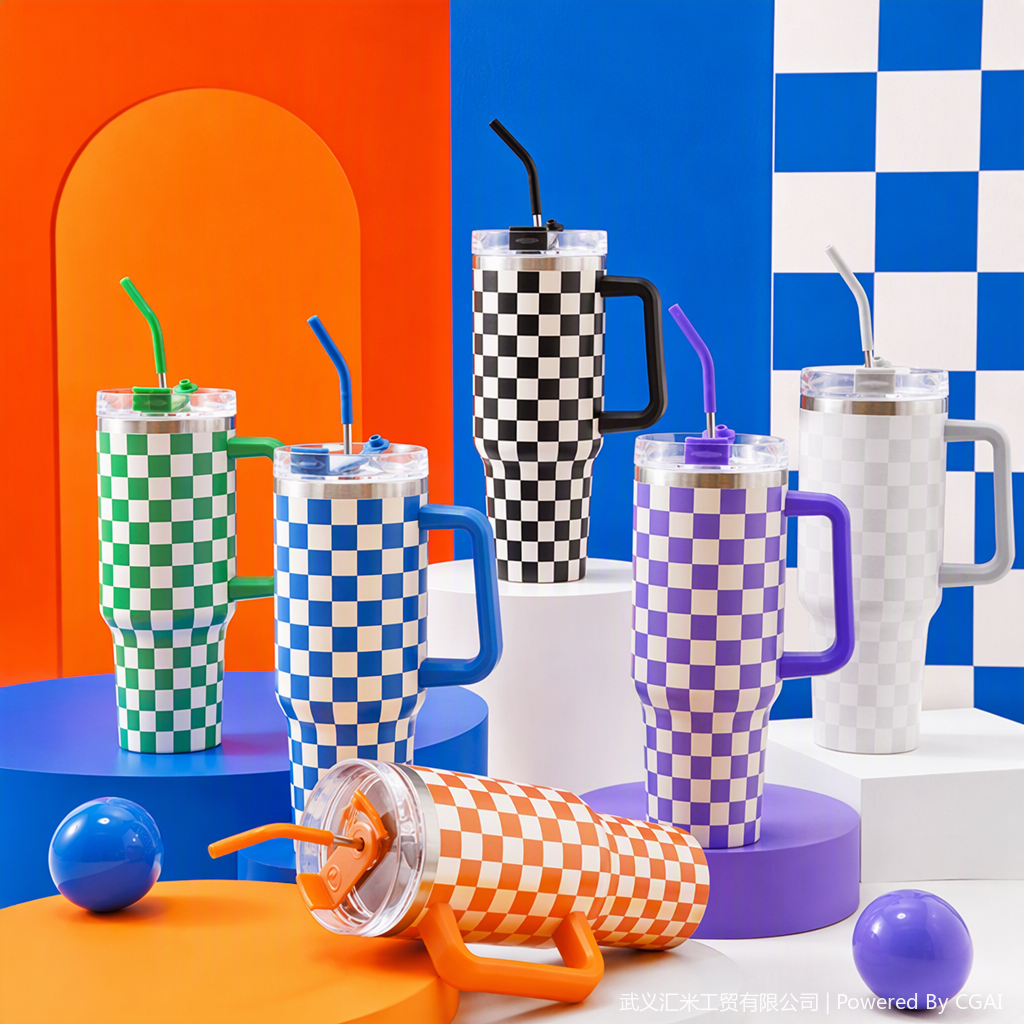 40-OZ checkerboard grid car cup, colorful grid insulated cup, creative, fashionable, portable and durable gift Specification image