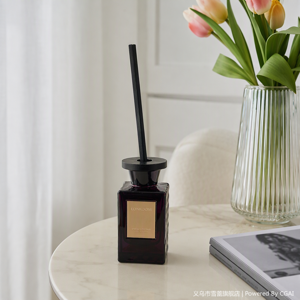 Deep purple glass aroma bottle with golden label, elegant fragrance, long-lasting, suitable for bedroom, living room, black incense stick decoration details Picture