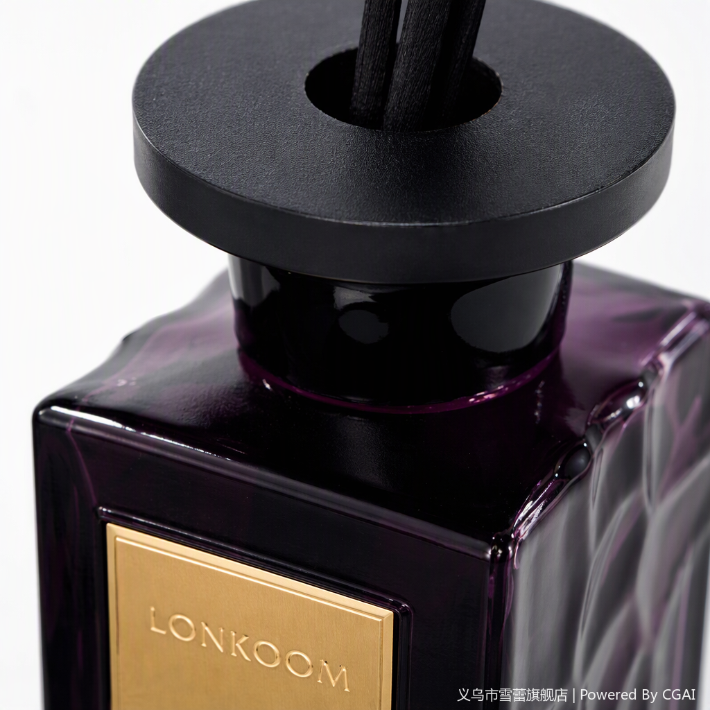 Deep purple glass aroma bottle with golden label, elegant fragrance, long-lasting, suitable for bedroom, living room, black incense stick decoration Application Scenario