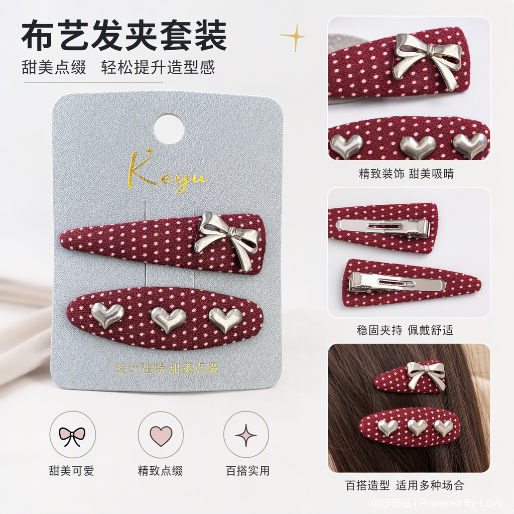 Korean-style simple hair clip set, bow, long three-shaped heart-shaped oval hair accessory, hair bundle accessory, fashionable and versatile